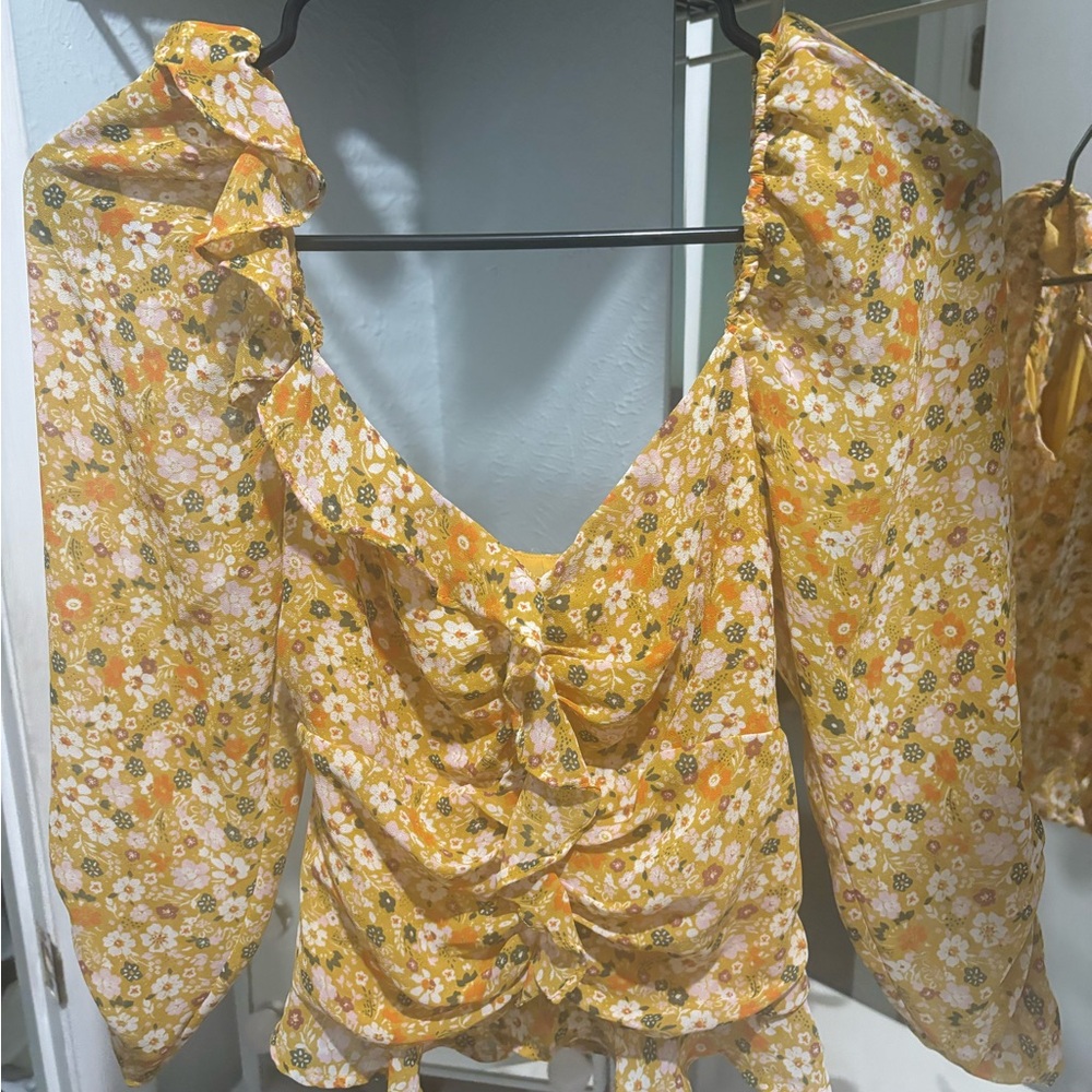 Astr Floral Yellow Blouse with Ruffle Detail